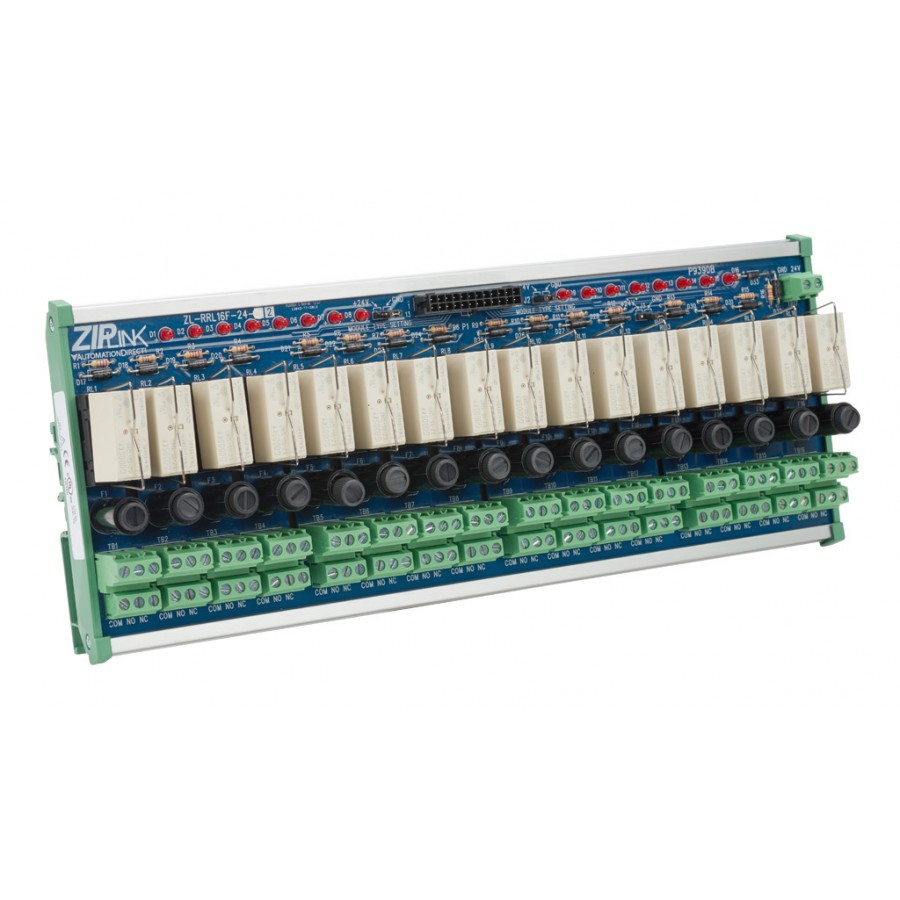 ZIPLink fused relay module, 16-point, sourcing, SPDT socketed relays (included), LED indication, 24 VDC (coil), 8A @ 250 VAC, 8A @ 30 VDC, 35mm DIN rail mount. Fuses sold separately.