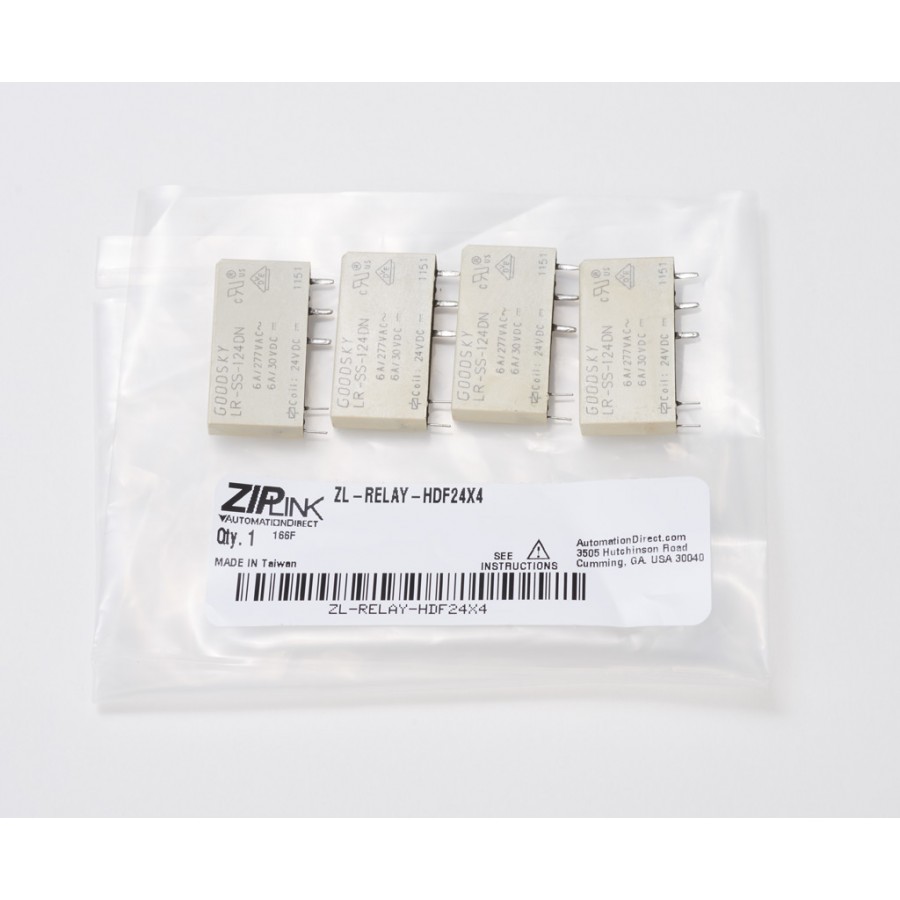 ZIPLink relay, replacement, 24 VDC (coil), 5A @ 250 VAC, 5A @ 30 VDC. Package of 4. For use with ZL-RRL16HDF-24-1 or ZL-RRL16HDF-24-2 relay modules.