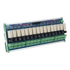 ZIPLink fused relay module, 16-point, sinking, SPDT socketed relays (included), LED indication, 24 VDC (coil), 8A @ 250 VAC, 8A @ 30 VDC, 35mm DIN rail mount. Fuses sold separately.