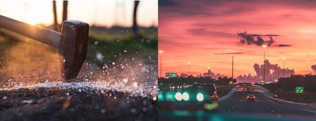 Image photo sequence of hammer hitting hard surface and highway with car tail lights