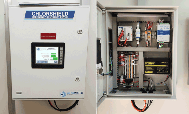 Two photographs placed side by side of the exterior and exterior of industrial enclosure with C-more HMI screen and CLICK PLC in use with other industrial cabinet gear.