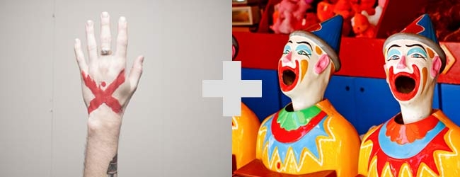 Image sequence to solve visual puzzle showing image of hand with large red 'x' drawn on, plus symbol, carnival mechanical clowns with mouths open