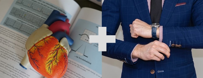Image sequence showing photograph of model of human heart on a medical textbook page. plus sign, and photograph of male in formal jacket holding sleeve.