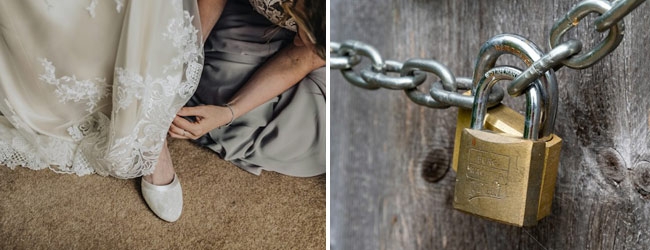 Photographic image sequence showing wedding dress being hemmed and gate locked with locks and chains.
