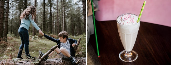Photograph image combination showing girl helping up boy with arms and milkshake
