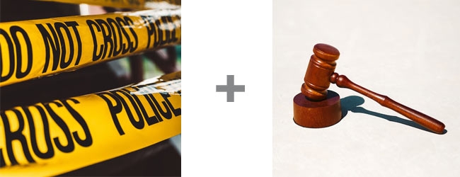 Image sequence of police crime tape, plus sign and wooden gavel
