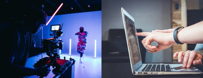 Two photographs. One of elaborate set up with performer, lighting, sound and video equipment. Other of people pointing at computer screen