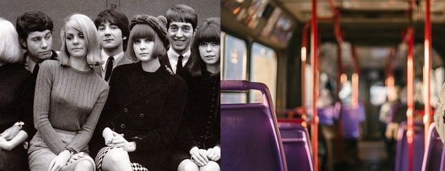 Image combination of photograph of young modern musicians and models from the 1960s and photograph of inside of bus.