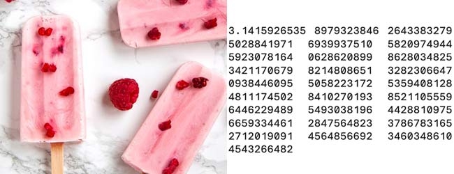 Image combination. Raspberry ice blocks on left, pi formula on right