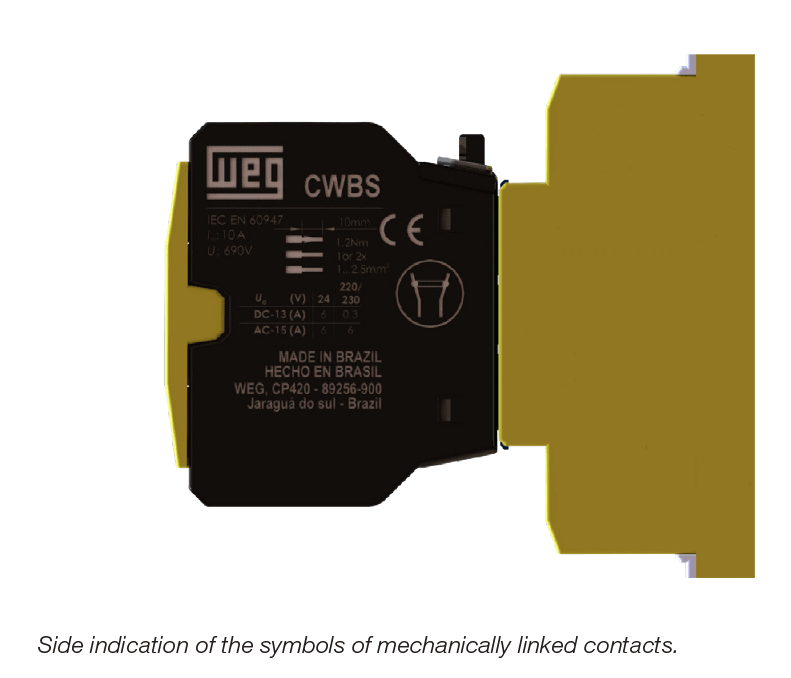 Side indication of the symbols of mechanically linked contacts WEG CWBS Safety Contactors Side View