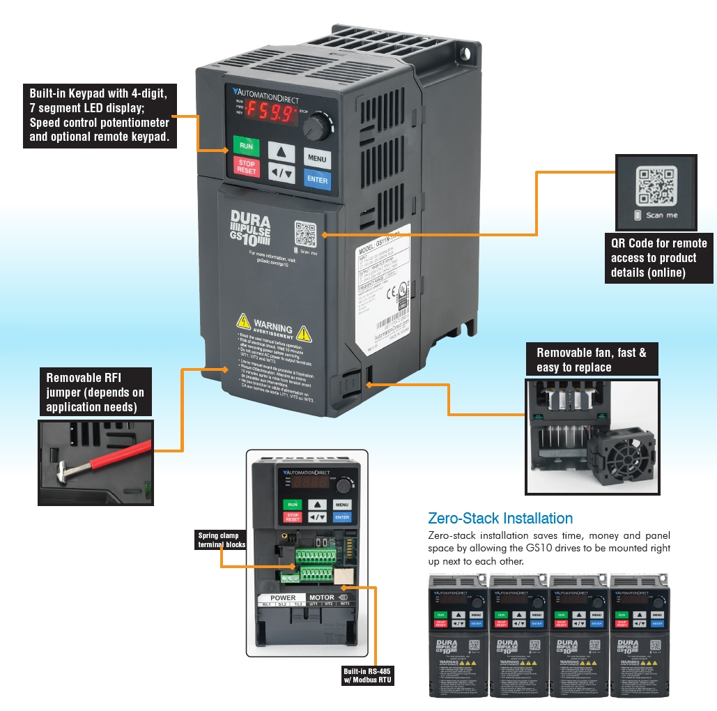 DURApulse GS10 VFD image with call-outs of top features