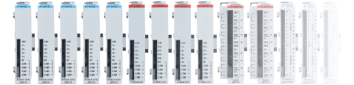 Photograph of several Productivity1000 I/O modules in a line up coming together.