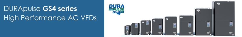 Image banner showing DURApulse GS4 series of VFDs with logo