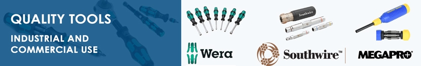 Image banner for industrial and commercial tools showing Wera, Southwire and Megapro logos and screwdrivers, nut drivers and multi-bit drivers