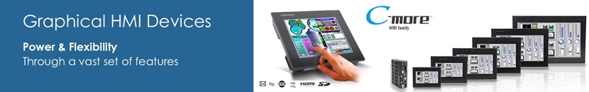 C-more HMI banner with line up of CM5 series HMI, headless remote HMI and hand touching EA9 HMI