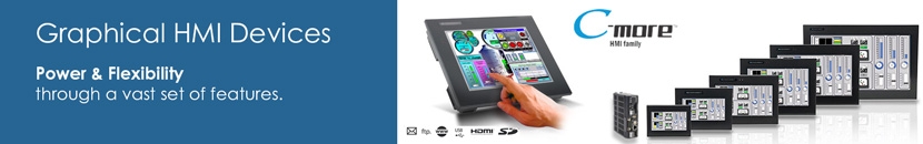C-more HMI banner with line up of CM5 series HMI, headless remote HMI and hand touching EA9 HMI