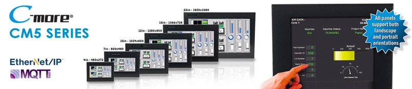 CM5 series HMI from smallest screen size to largest with portrait option and C-more logo and MQTT logo and Ethernet/IP logo