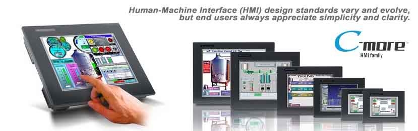 EA9 Series of HMIs line up with hand touching HMI screen. Text reads Human-machine Interface (HMI) design standards vary and evolve but end users always appreciate simplicity and clarity.